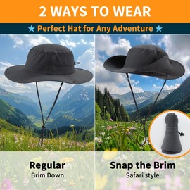 Magracy Wide Brim UV Protection Sun Hat for Men UPF 50+ Safari Hat Women Fishing Hiking Boonie Hat Chin Strap Dark Grey