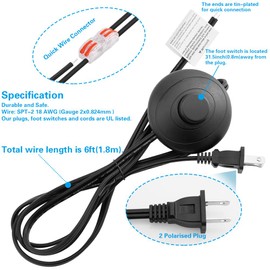 Asjeumt 6ft Foot Switch Lamp Cord Replacement, Black Floor Light Switches with Plug, Foot Tapper Pedal Lamp Wire Switch, AC 125V Step ON Off Push Button, Repair DIY Replace Footswitch Fixtures