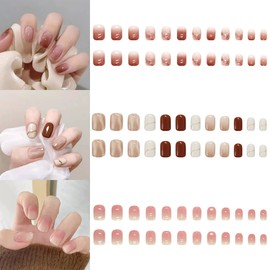 NIUANIUA Cute Nail Tip Fashion Nail False Nail Design Hand Trendy Nail Sheet Brown Checkered Black Round Tip Fashion Nails 72 Pieces 12 Sizes (Brown Nude Gradation)