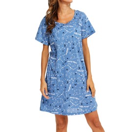 MIA LUCCE Women's Short Sleeve Nightdress with Cute Prints with Crew Neck, Blue Star
