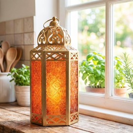 Vela Lanterns 12" Metal Moroccan Decorative Candle Lantern Holders for Hanging or Table, Indoor Home Decor, Outdoor Patio or Porch, Weddings, Gold, Amber Glass, Large