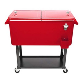 80 QT Rolling Cooling Bins Ice Chest on Wheels with Shelf Outdoor Stand Up Drink Cooler Cart for Outdoor Patio Deck Party Portable Party Bar Cold Drink Beverage Cart Tub (Red)