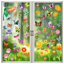 Spring Window Clings, Summer Decorations for Glass Windows, Most Popular Flower Butterfly Window Clings, Summer Window Decorations for Home School Office Party Supplies Gifts