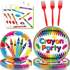 Qyeahkj 100PCS Crayon Birthday Party Decoration for Crayon Theme Paper Plate Napkin Welcome Back to School Dinnerware Table Supplies Cartoon Birthday Party Tableware Decor Serves 25