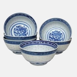 Newquay-Bonsai Bowl Set of 6 small Oriental Chinese Porcelain Decorated Blue and White Rice Bowls MA Bowl 10cm/4" Dia & deep Ceramic Rice Pattern Guaranteed quality
