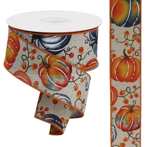 Autumn Pumpkins & Bittersweet Berries Wired Edge Ribbon - 1.5"