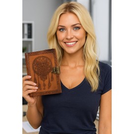 Leather Journal 7 x 5 Inch 220 Page Journal, Vintage Owl Embossed Blank Book, Sketchbook, Notebook Leather Journal (Handmade Unlined Paper) Pocket style with Lock Closure for Men and Women (Vintage