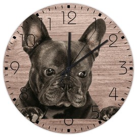 Autravelco Wood Wall Clocks Round Silent Non-Ticking French Bulldog Modern Wall Clocks Cartoon Funny Dog Wooden Wall Decor for Workshop Home Children's Room 10 Inch