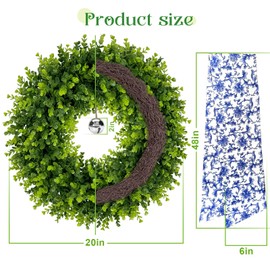 20 Inch Artificial Boxwood Wreath with Sash and Bell,Large Spring Summer Wreaths for Front Door,Green Wreaths for All Seasons as Farmhouse Wall Window Door Wedding Outside Decoration（Blue Bow）