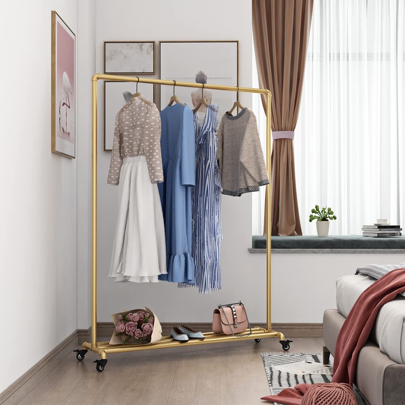 FONECHIN Industrial Gold Clothing Racks on Wheels, Boutique Display Gold
