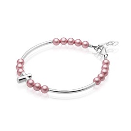 Luxury Child Banglet Bracelet with Silver Cross and Dark Pink Pearls (BD26_S)