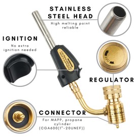 Self-Ignition Stainless Steel Head MAPP Gas Torch 360° Swivel For Soldering, brazing