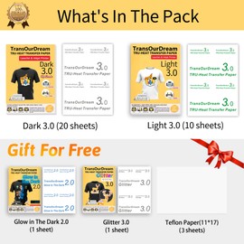 TransOurDream Iron on Heat Transfer Paper for Dark and Light T Shirts (20+10+2 Sheets, 8.5x11", Mixed Pack) Printable HTV Heat Transfers Vinyl for Laserjet & Inkjet Printers