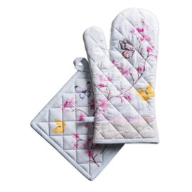Maison d' Hermine Oven Mitts + Pot Holders 100% Cotton Heat Resistant Oven Mitt (7.5"x13") & Pot Holder (8"x8") for Cooking BBQ Baking Grilling, Happy Florals - Sweety - Spring/Summer