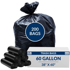 60 Gal Trash Bags | 200 Count | 38" X 60" Black Extra-Large Garbage Bags for Outdoor Use