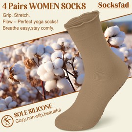 4 Pairs Pilates Yoga Socks with Grips for Women Cute Ruffle Non Slip Crew Socks for Ballet Barre