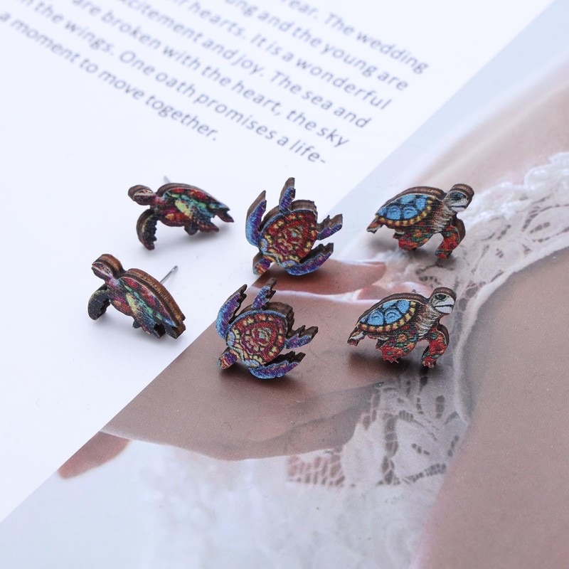 Zeshimb Bohemian Starfish Seashell Crab Turtle Earrings Set Wooden Printed