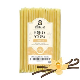 The Honey Jar Vanilla Flavored Honey Sticks - Pure Honey Straws For Tea, Coffee, or a Healthy Treat - One Teaspoon of Flavored Honey Per Stick - Made In The USA with Real Honey - (50 Count)