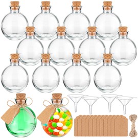 Baderke 12 Sets 5 oz Mini Glass Bottle with Cork Lids Round Small Decorative Jar Ball Shaped Glass Potion Bottles with Tags, Ropes and Funnels for DIY Crafts Wedding Birthday Party Favor Gift