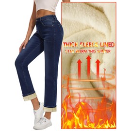 Yewfirm Women Fleece Lined Jeans Women's High Waisted Straight Leg Jeans Winter Fleece Lined Jean Pants Navy Blue Size 10