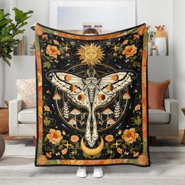 Lifeel Orange Moth Throw Blanket, Retro Boho Flower Butterfly Sun Moon Star Aesthetic Cozy Decor Nap Blankets Gift Sofa Bed Couch Chair or Dorm Throws 40×50 inches