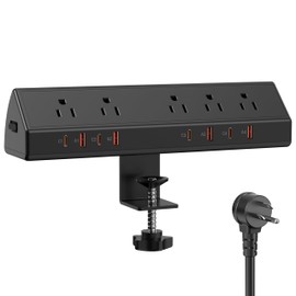 Desk Clamp Power Strip 65W Fast Charging Station,4 PD USB-C,5 Outlets,Nightstand Desk Edge Mount Tower Surge Protector,15 Amp Heavy Duty Power Strip,Fits 1.96" Tabletop Edge (Black, 10 FT Cable)