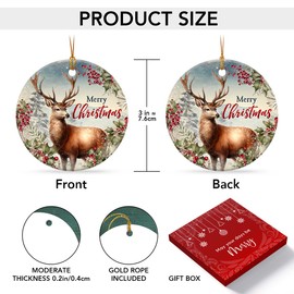Deer Christmas Ornaments 2024 - Round Ceramic Christmas Ornaments Keepsakes Gifts for who Love Deer - Ideal Deer Ornament, Presents for Animal Lovers, Rustic Christmas Tree Decorations