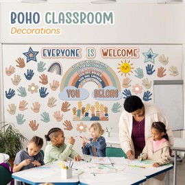 4E's Novelty 46 Pcs "Everyone is Welcome" Boho Classroom Bulletin Board Sets, With 30 Hands - Boho Welcome Bulletin Board Set, Motivational Boards Decorations with Rainbow & Hands Cutouts Decor for School