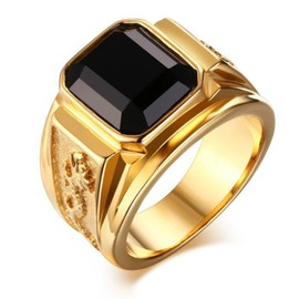 Aloluo Black Onyx Signet Ring for Men Women 18K Gold Plated Square Lightweight Thick Statement Band Finger Rings Unisex Anniversary Birthday Unique Jewelry Gifts Size 9