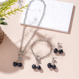 DATOA Sweet Cherry Pendant Necklace Bracelet Earrings Set 3D Cute Fruit Earrings Bracelet Creative Fruit Red Cherry Choker Necklace Fashion Jewelry for Women - Black