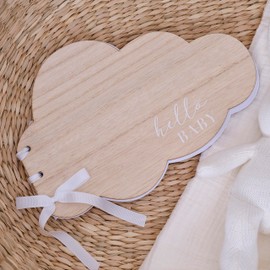 Ginger Ray Wooden Hello Cloud Baby Shower or Christening Guest Book with White Ribbon, Cream