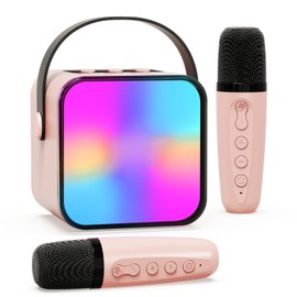 Mini Karaoke Machine with 2 Microphones for Kids Adults, Beedove Portable Bluetooth Speaker with Colorful Lights & Voice Changing Effects, Kids Toys for Boys Girls Family Birthday Party (Pink)