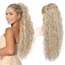 REECHO Ponytail Extension 30" Long Claw Clip Ponytail Extension Curly Wavy Pony Tails Hair Extensions Clip in Synthetic Hairpiece for Women, Medium Blonde with Highlights