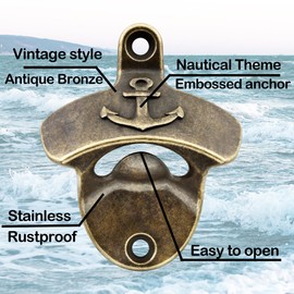 Luwanburg Nautical Bottle Opener Wall Mounted Beer Cap Opener Brass, Anchor Beer Top Opener Deck Handrail Post Mounted for Beach Cabana (Antique Bronze)