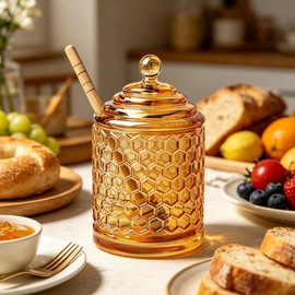 QFkris Champagne Crystal Glass Honey Pot with Dipper Sticks