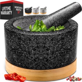 PriorityChef Heavy Duty Mortar and Pestle Set with Bamboo Base, 100% Natural Granite Stone Grinder, Guacamole Bowl and Masher, 2 Cups, Black