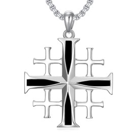 ROMANTICWORK Jerusalem Cross Necklace 925 Sterling Silver Black Onyx Cross Pendant Religious Jewelry for Men Husband Birthday Christmas