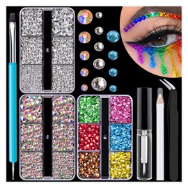Colorful Face Gems Kit with Makeup Glue, 2-6mm AB+Clear Glass Round Flatback Crystal + 2-5mm Resin Rhinestones for Hair Eye Makeup Body Art Manicure DIY Crafts with Dot-Brush Pen, Pickup Tools