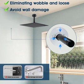 RAINREVIVE 6 Inch Shower Arm with Flange and Stabilizer Bracket, Ceiling Mount Replacement Rain Shower Head 304 Stainless Steel Straight Arm For Fixed Shower Head, Matte Black