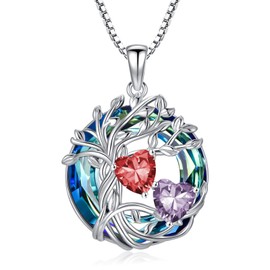 Mothers Day Gifts for Women 925 Sterling Silver Family Tree of Life Pendant Necklaces with 2 Heart Birthstone with Blue Round Austrian Crystal Jewelry Birthday Anniversary Christmas Gifts for Her Wife