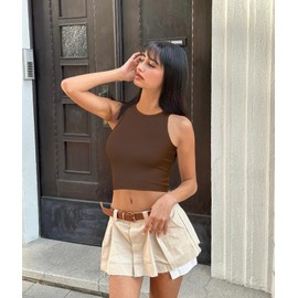 OLCHEE Womens 3 Pack Crop Tank Tops Basic Seamless Ribbed Round High Neck Racerback Workout Top Summer Causal Yoga Gym Shirts - Black Brown Beige Large