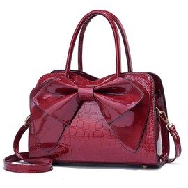 Women Handbag Purse Top Handle Shoulder Crossbody Bag with Bow Design Patent Leather Bowknot Purse Satchel Bag, Red