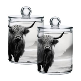 JUMBEAR 2 Pack Cow Qtip Holder Dispenser with Lid, 14 oz Clear Plastic Apothecary Jar Set for Bathroom Vanity Organizers Storage Containers