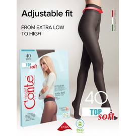 Conte Tights for Sensitive Skin Sheer to Waist Hipster Low-Rise Pantyhose with Adjustable Belt, Top Soft 40 Den, Black (Nero), Small