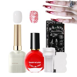 Gel Nail Polishes Set with White Jelly Gel Polish & Red Nail Stamping Gel Polish, Long-lasting Nail Polish Kit Soak Off UV/LED Include 2Pcs Nail Stamping Templates, Nail Stampers, Scrapers