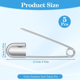 5 spille da balia extra grandi, 12,7 cm, in acciaio inox, resistenti e resistenti, per tessuti spessi, coperte, pelle, tela, biancheria, attività all'aperto e artigianato
