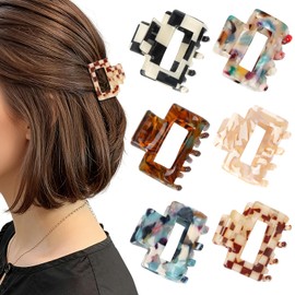 MOTIBACK 6Pcs Acetate Hair Clips for Women, 1.38 Inch Geometric Square Claw Clips, Small Celluloid French Design Hair Accessories for Thin Fine Hair, Strong Hold Non-Slip Grip