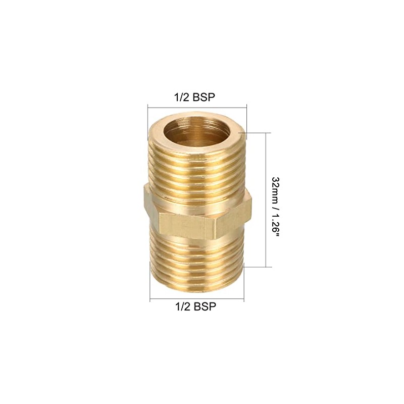 sourcing map Brass Pipe Fitting, Hex Nipple 1/2 BSP Male