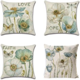 BAOKU Vintage White blue Floral Pattern Cushion Covers 45 x 45 cm Summer Watercolor Modern Decorative Throw Pillow Covers Soft Pillowcases for Sofa Bed Home Garden Patio Decor Set of 4