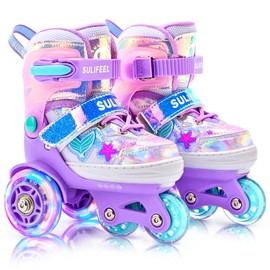 SULIFEEL Roller Skates for Girls Kids with Light Up Wheels, Adjustable 4 Sizes for Little Kids Toddler Beginner Rollerskates